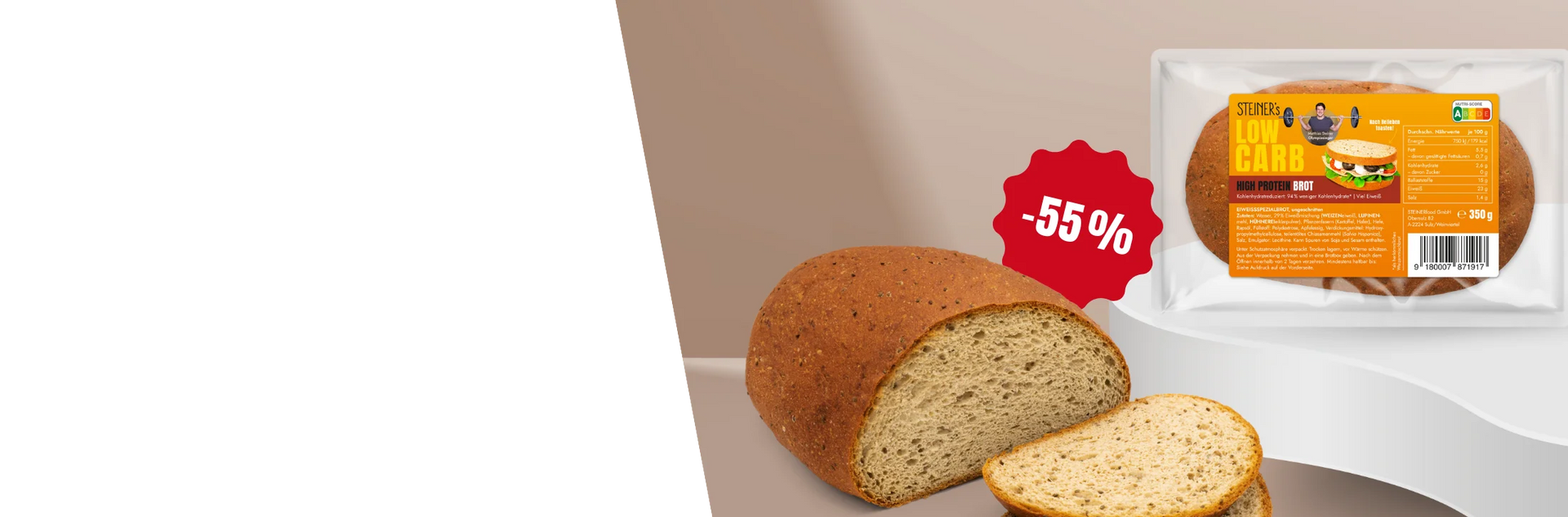 Eine Packung STEINER´s Brotlaib liegt neben einem angeschnitteem Brot. Auf dem Brot ist ein roter Störer mit der Aufschrift "-55%".