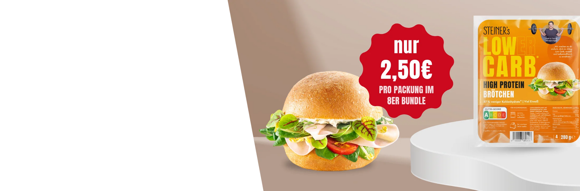 Ein belegtes STEINER´s Brötchen. Daneben der Text: "Nur 2,50€ pro Packung im 8er Bundle"