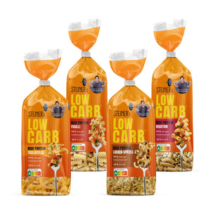 Vier Packungen STEINER´s Low Carb High Protein Pasta. Enthalten ist je eine Pakung: Fusilli, Rigatoni, Tagliatelle und Locken-Spätzle
