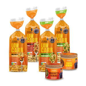 STEINER´s Low Carb Pasta Party Box bestehend aus: Tagliatelle Hafer, Fusilli Hafer, Tagliatelle vegan, Fusilli vegan, Bruschetta Gewürz und Pasta Gewürz