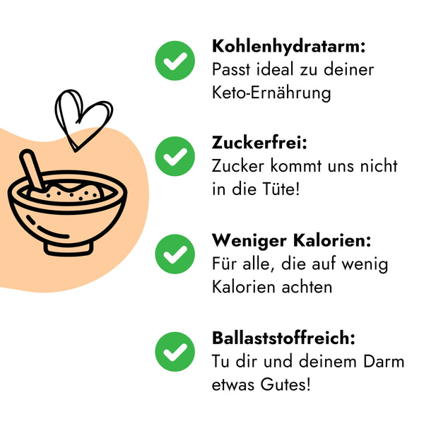 Auflistung der Vorteile von STEINER´s Low Carb Porridge:
- Kohlenhydratarm: Passt ideal zu deiner Keto-Ernährung - Zuckerfrei: Zucker kommt uns nicht in die Tüte! - Weniger Kalorien: Für alle, die auf wenig Kalorien achten - Ballaststoffreich: Tu dir und deinem Darm etwas Gutes!