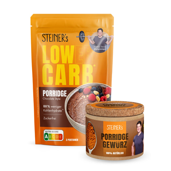 Verpackung von Low Carb Porridge Schoko und 1 Dose Porridge Gewürz