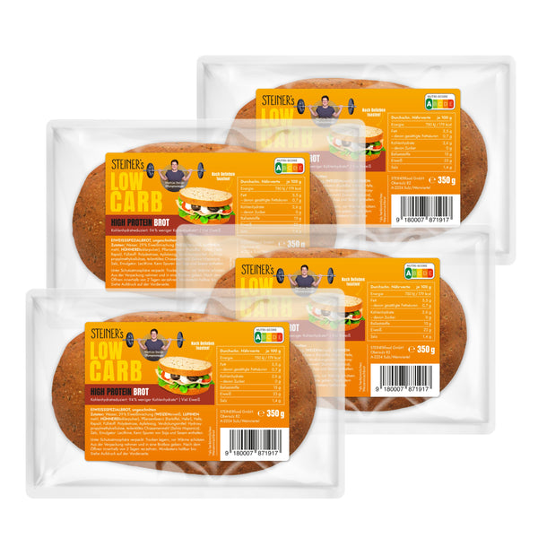 4 Packungen von STEINER´s High Protein Brot als ovales Laib.