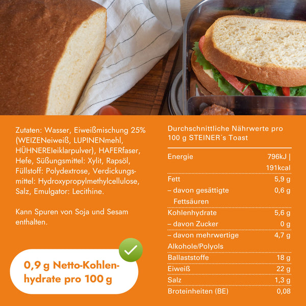 Zutaten und Nährwerte des STEINER´s Low Carb High Protein Toast