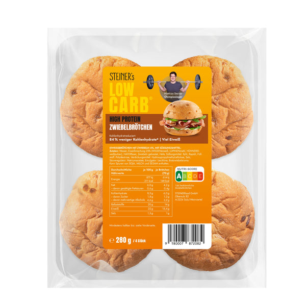 Eine Packung STEINERs Low Carb Zwiebelbrötchen. Es sind vier Brötchen in einer Backung.