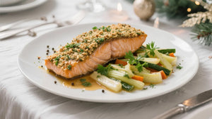 Lachs mit Kräuter-Knusperkruste und geschmortem Gemüse