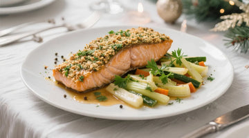 Lachs mit Kräuter-Knusperkruste und geschmortem Gemüse