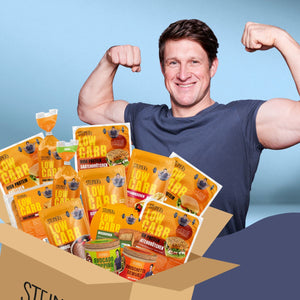 verschiedene Verpackungen sind neben und übereinander abgebildet: Steiner´s Gewürze und je ein STEINER´s Low Carb High Protein Toast, Brot, Brötchen und Saatenbrötchen