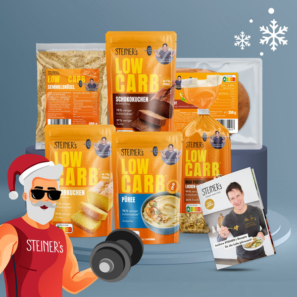 STEINER´s Advent-Sixpack bestehend aus STEINER´s Püree, Schokokuchen, Rührkuchen, Semmelbrösel und Brot. Vor den Produkten ist ein Nikolaus, der eine Hantel stemmt.