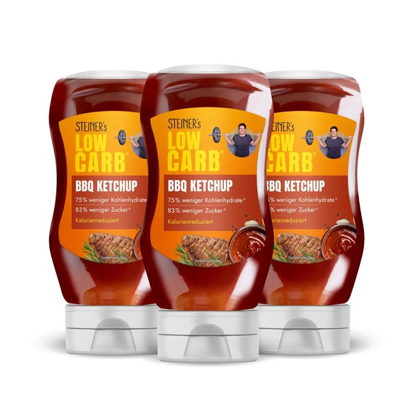 Drei Flaschen STEINER´s Low Carb BBQ Ketchup.