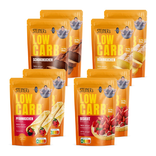 Verpackungen der STEINER´s Low Carb Back Box groß bestehend aus jeweils zwei Packungen Backmischung: Pfannkuchen, Schokokuchen, Buskuit und Rührkuchen