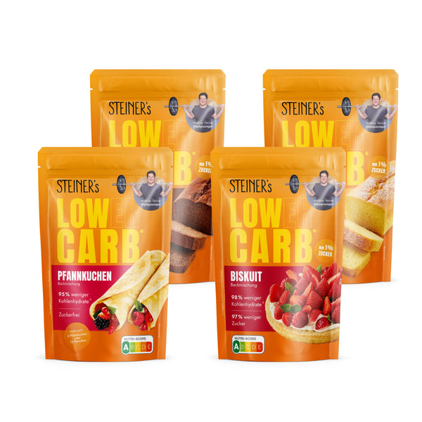 Verpackungen der STEINER´s Low Carb Back Box bestehend aus den Backmischungen: Pfannkuchen, Schokokuchen, Buskuit und Rührkuchen