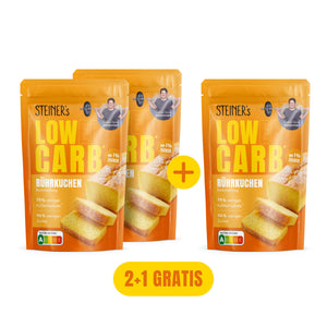 Drei Packungen STEINER´s Low Carb Rührkuchen. Auf einer Packung befindet sich ein Plus-Zeichen um zu signalisieren, dass es eine Packung gratis gibt.