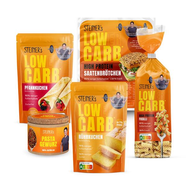 STEINER´s Bestseller Box mit Low Carb Pfannkuchen, Saatenbrötchen, Fusilli, Rührkuchen und Pasta Gewürz.