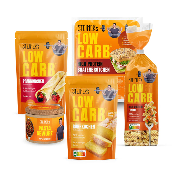 STEINER´s Bestseller Box mit Low Carb Pfannkuchen, Saatenbrötchen, Fusilli, Rührkuchen und Pasta Gewürz.