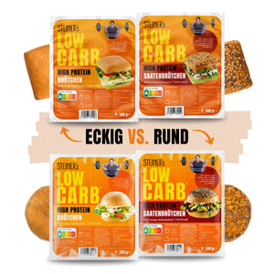 4 Brötchenpackungen, welche STEINER´s Low Carb Brötchen abbilden, jeweils Saatenbrötchen und helle Brötchen, jeweils 1x in runder und eckiger Ausführung