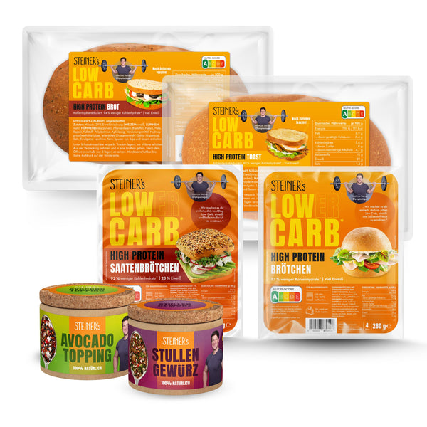 STEINER´s Brotzeit Box bestehend aus je 1 Pkg. Toast, Brot, Brötchen, Saatenbrötchen, Avocado Topping und Stullen Gewürz