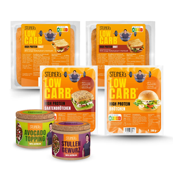STEINER´s Brotzeit Box bestehend aus je 1 Pkg. Toast, Brot, Brötchen, Saatenbrötchen, Avocado Topping und Stullen Gewürz
