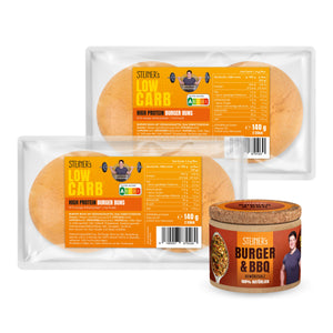 Zwei Packungen STEINER´s Burger Buns mit je zwei Brötchen und eine Packung STEINER´s Burger & BBQ Gewürz.