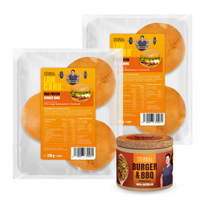 Zwei Packungen STEINER´s Low Carb Buger Buns und eine Packung STEINER´s Burger&BBQ-Gewürzsalz