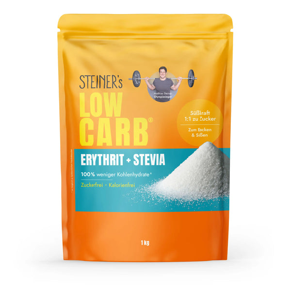 Eine Packung STEINER´s Erythrit-Stevia. Die Packung ist Orange und Blau. In der Packung Erythrit-Stevia sind 1kg.
