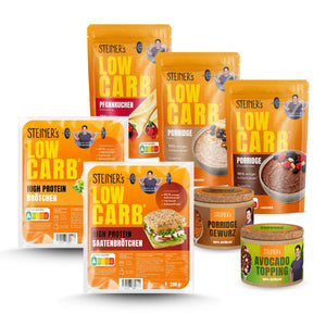 STEINER´s Frühstücksbox mit unseren beiden Low Carb High Protein Brötchensorten, Pfannkuchen, Poddige Natur und Schoko, unserem Poddige Gewürz und Avocado Topping.