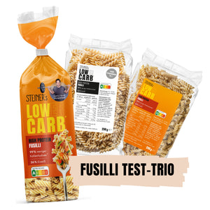 Fusilli Test Trio: Bestehend aus einer Packung herkömmlicher STEINER´s Low Carb Fusilli, einer Packung Fusilli aus der Testproduktion Nr. 1 und eine Packung Fusilli der Testproduktion Nr. 2