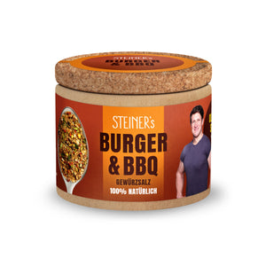 Eine Packung STEINERs Burger & BBQ Gewürzsalz mit Kork-Deckel