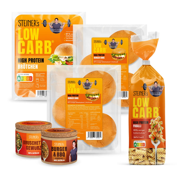 Eine Packung STEINER´s Low Carb High Protein Brötchen, zwei Packungen STEINER´s Low Carb High Protein Burger Buns, eine Packung STEINER´s Low Carb High Protein Fusilli, eine Packung STEINER´s Burger&BBQ-Gewürzsalz und Bruschetta Gewürz.