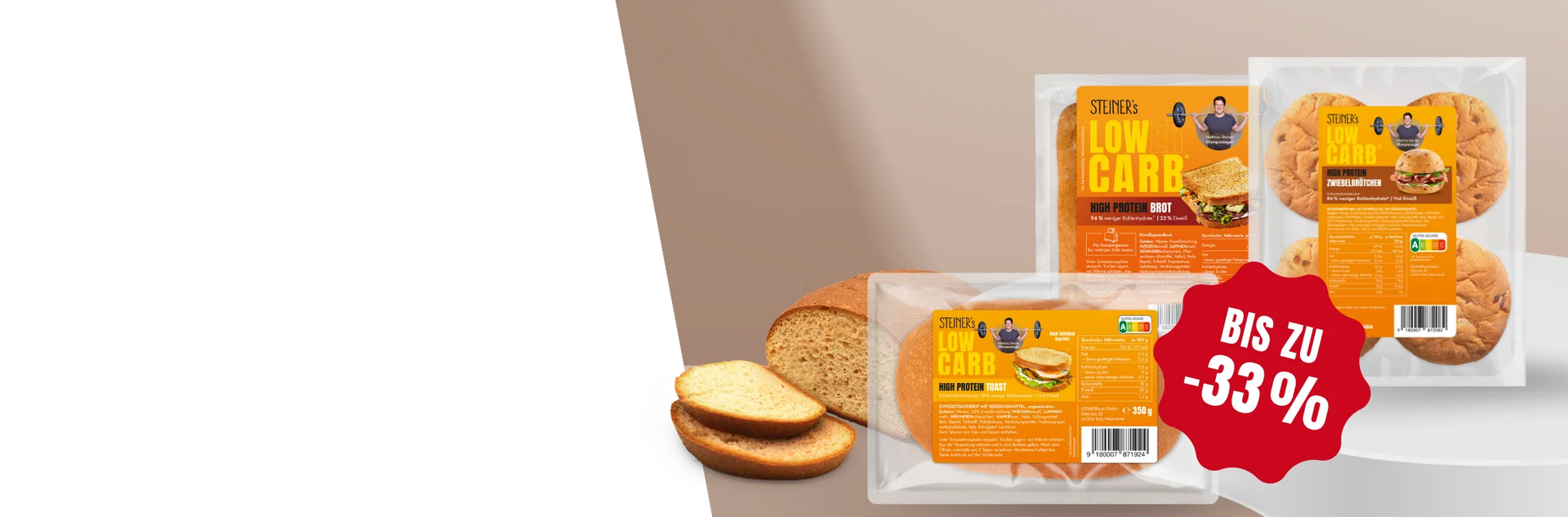 Drei STEINER´s Low Carb High Protein Produkte sind jetzt mit bis zu -33% im Angebot.
