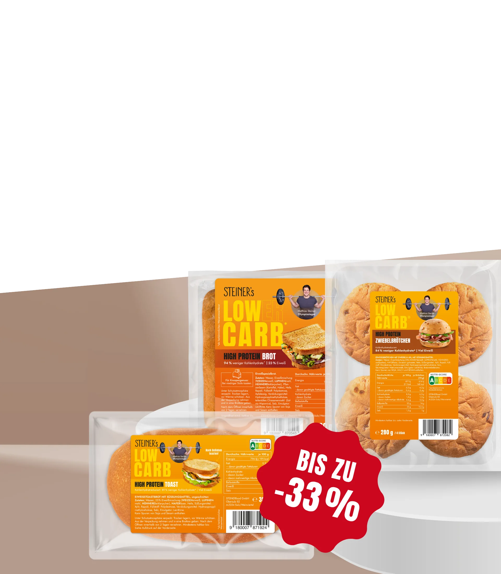 Drei STEINER´s Low Carb High Protein Produkte sind jetzt mit bis zu -33% im Angebot.
