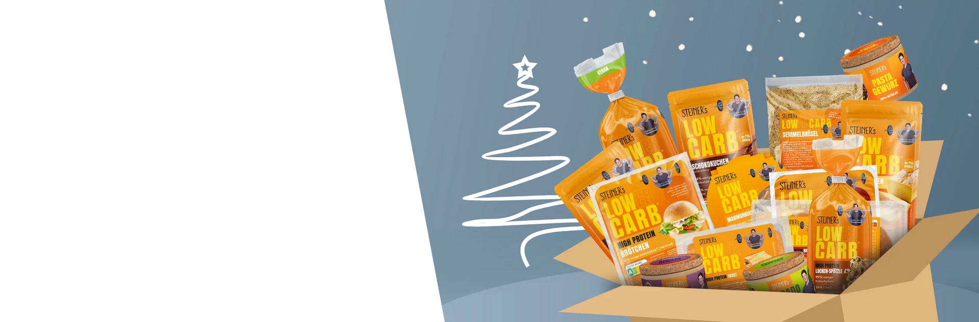STEINER´s Adventsbox mit 24 Produkten in einer Box abgebildet. Neben der Box ist ein stilisierter Weihnachtsbaum. 