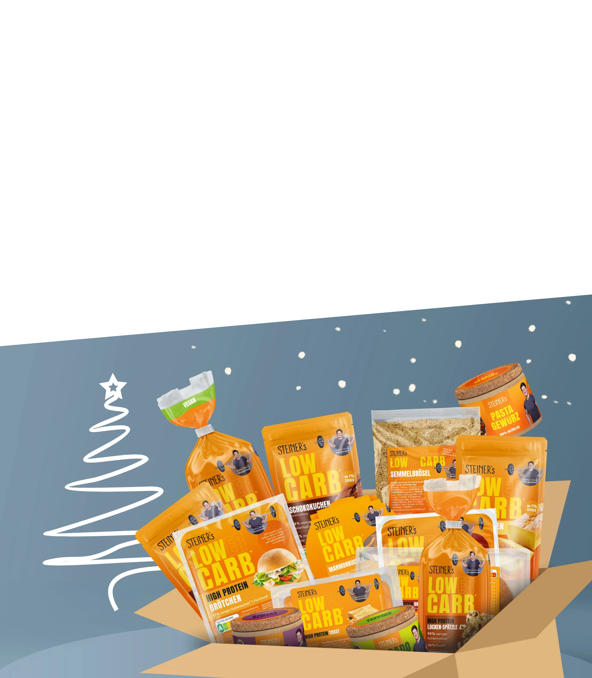 STEINER´s Adventsbox mit 24 Produkten in einer Box abgebildet. Neben der Box ist ein stilisierter Weihnachtsbaum. 
