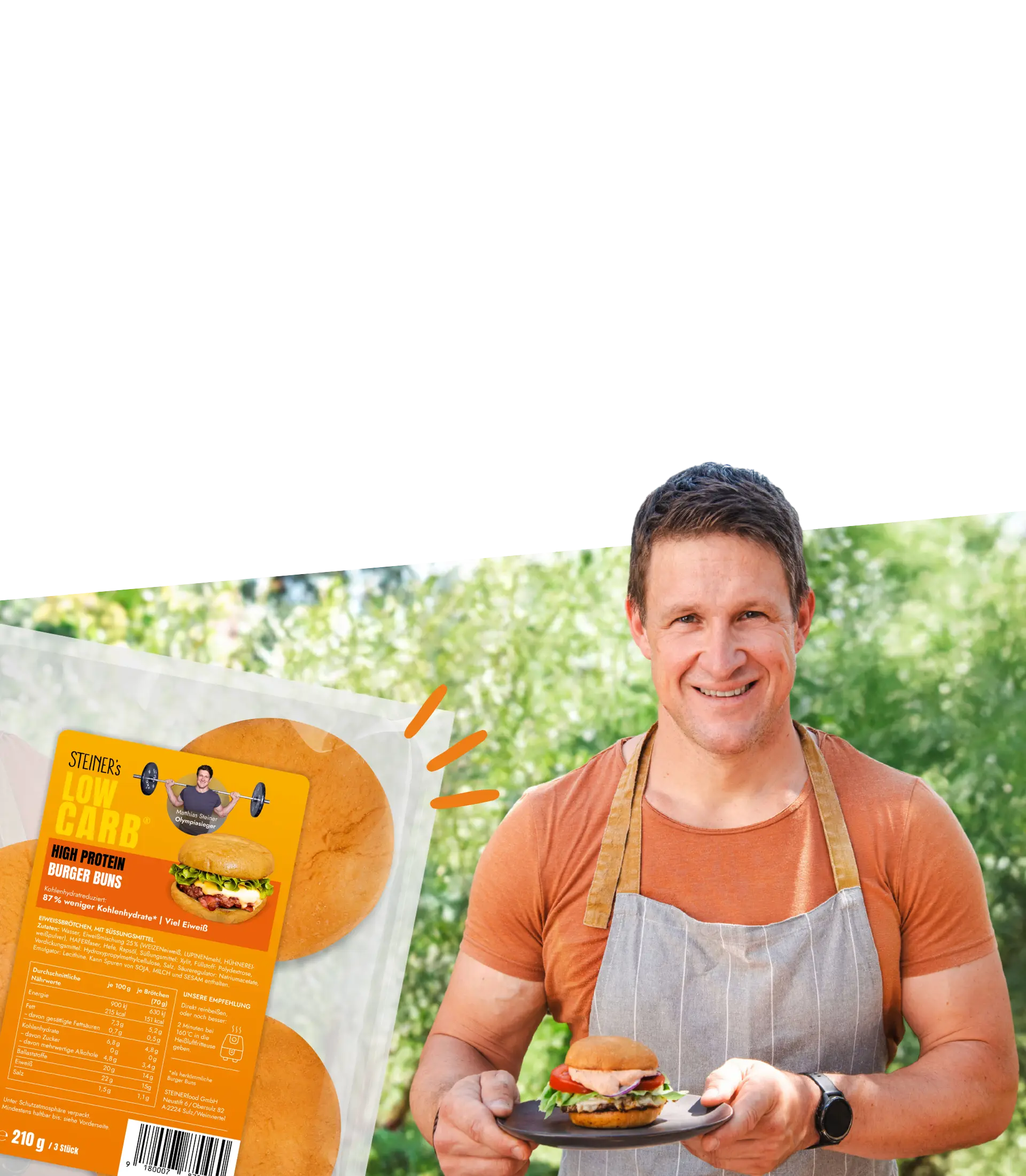 Matthias Steiner hält einen Teller mit einem belegten Bruger Bun richtung Kamera. Er steht in einem Garten und trägt eine Kochschürze. Rechts neben ihm ist eine Grafik eingefügt, die eine Abbildung einer 3er-Packung STEINER´s Burger Buns zeigt.