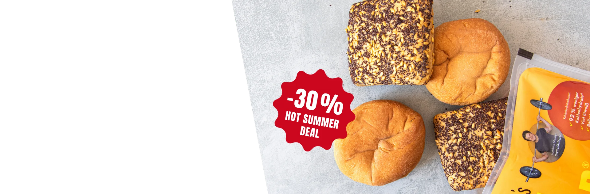 Jeweis zwei Stück STEINER´s Low Carb high Protein Saatenbrötchen und Brötchen.