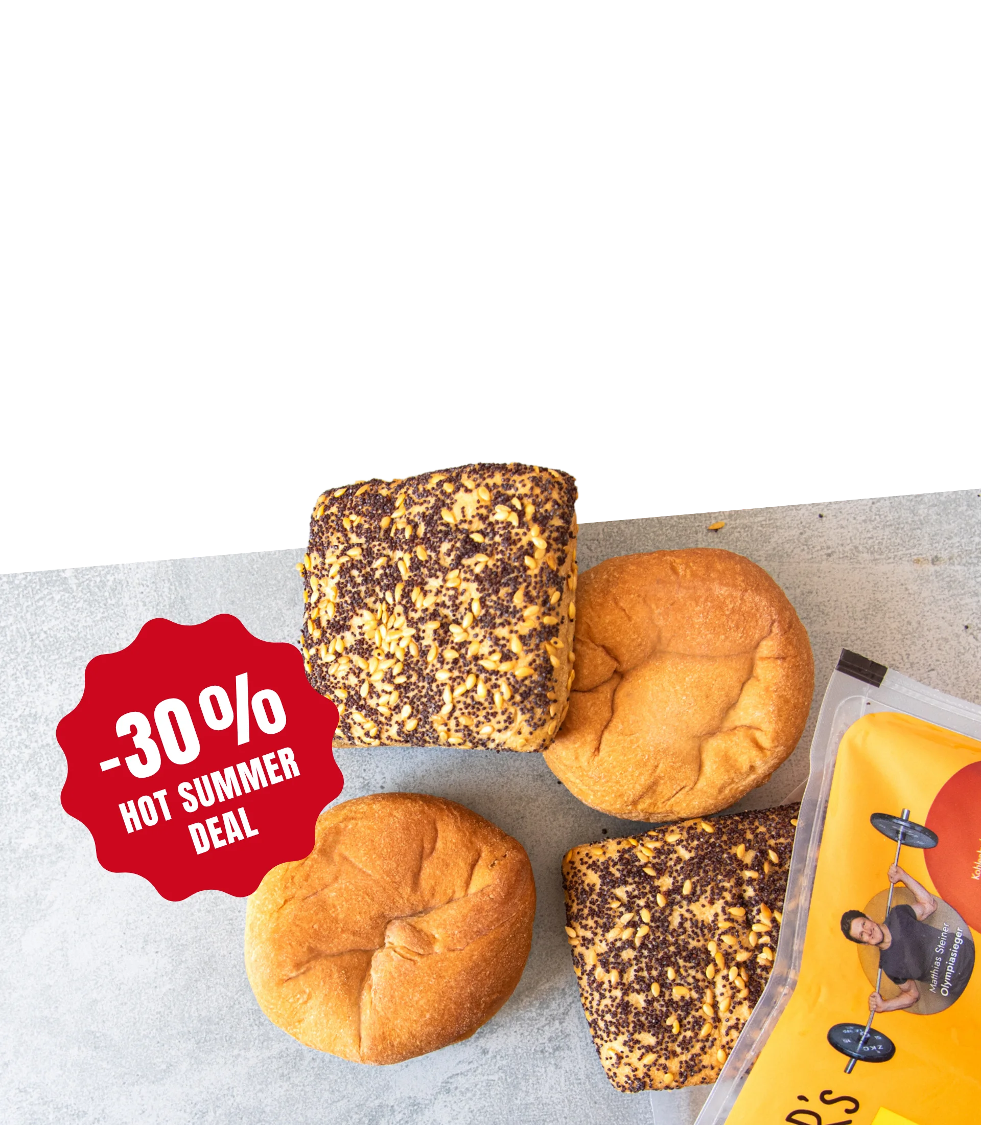 Jeweis zwei Stück STEINER´s Low Carb high Protein Saatenbrötchen und Brötchen.