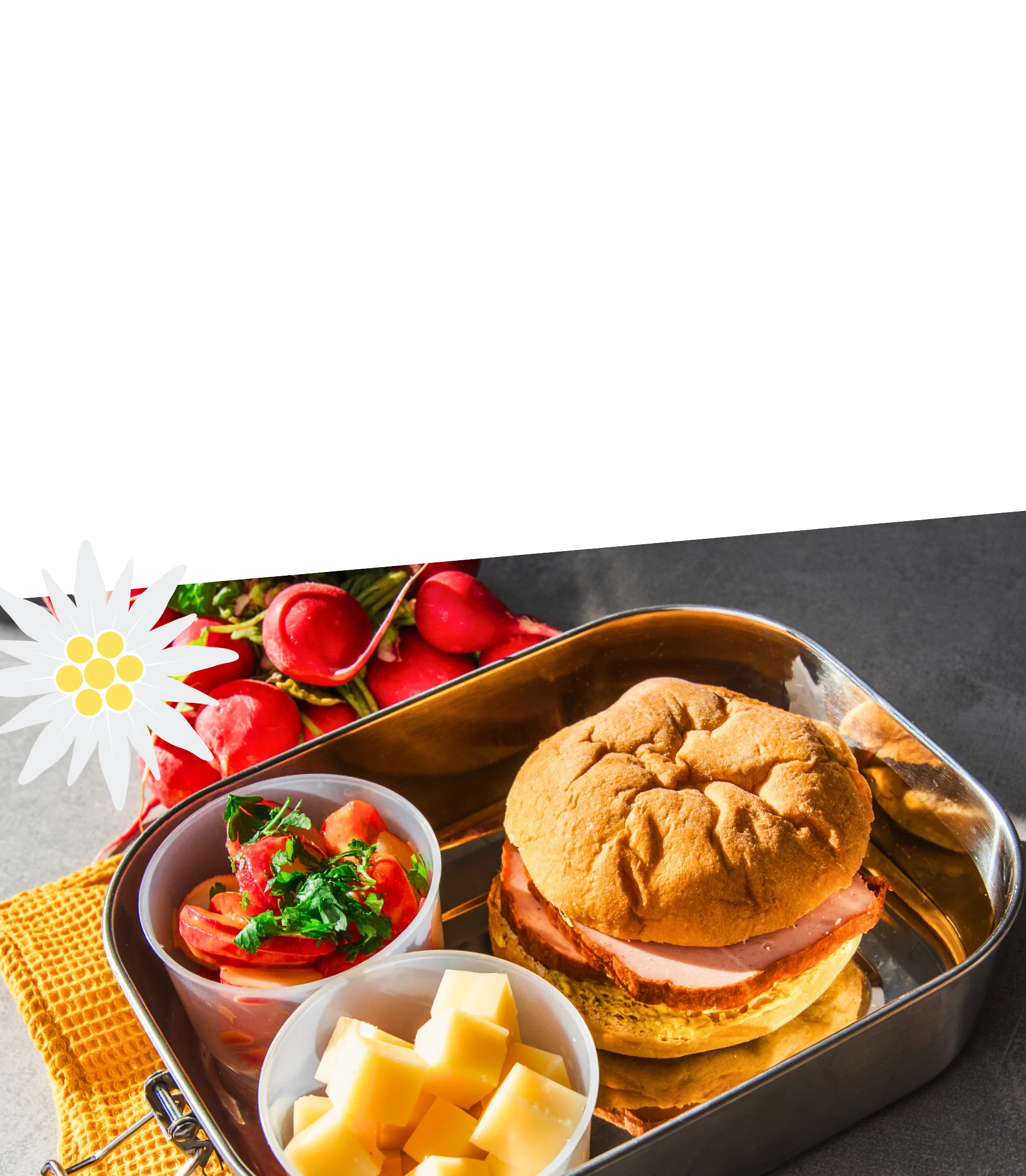 Oktoberfest-Brotzeit mit einer Leberkässemmel aus einem STEINER´s Low Carb High Protein Bun. Dazu Käsewürfel und Tomaten-Radieschen-Salat in einer ToGo-Box.