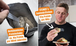 Lnks ein Bild von einem Proteinshake-Pulver, rechts Matthias Steiner, der eines seiner Saatenbrötchen isst. 
