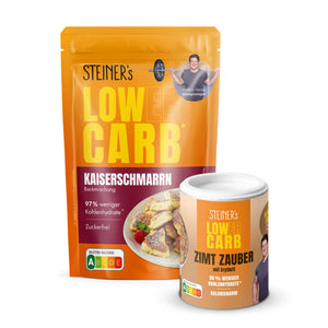 Eine Packung STEINER´s Low Carb Kaiserschmarrn und eine Üackung STEINER´s Low Carb Zimt-Zauber.