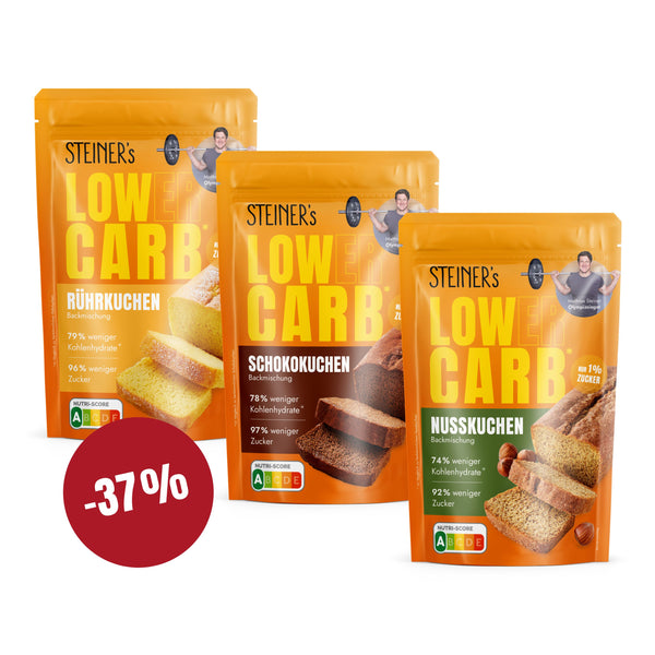 Drei Packungen STEINER´s Kuchenbackmischungen. 1x Rührkuchen, 1x Schokokuchen und 1x Nusskuchen. Auf dem Bild ist ein roter Button mit dem Text "-37%".