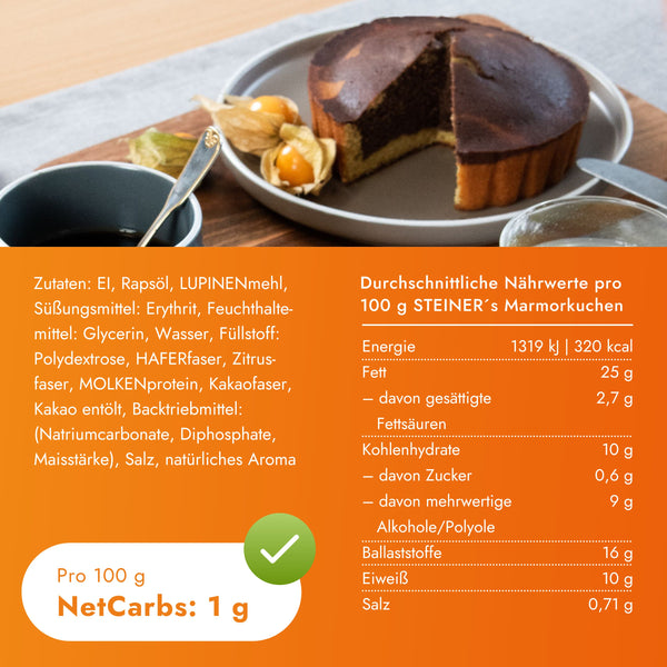 Nährwerte und Zutaten von STEINER´s Low Carb Marmorkuchen.