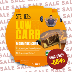 1 Verpackung Low Carb Marmorkuchen auf weißem Hintergrund mit dem Schriftzug "Sale -50%"