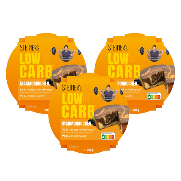 3 Verpackungen Low Carb Marmorkuchen auf weißem Hintergrund