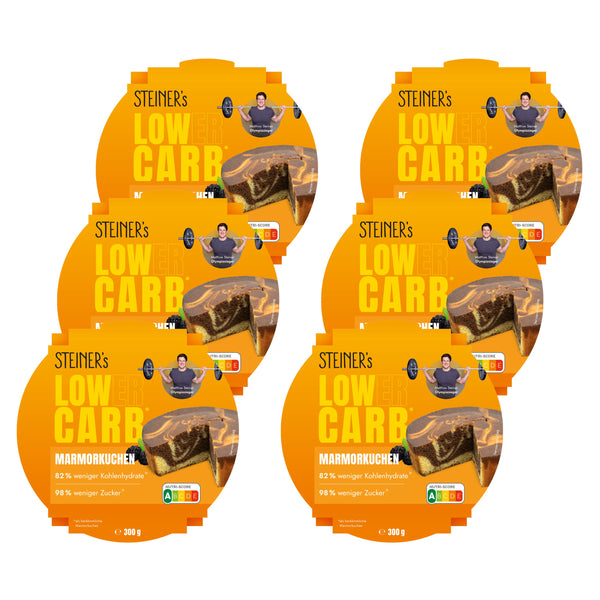 6 Verpackungen Low Carb Marmorkuchen auf weißem Hintergrund