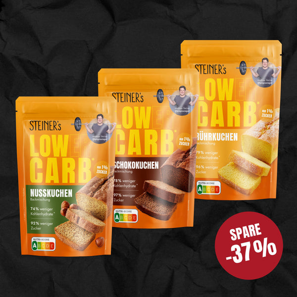 Drei Packungen STEINER´s Kuchenbackmischungen. 1x Rührkuchen, 1x Schokokuchen und 1x Nusskuchen. Auf dem Bild ist ein roter Button mit dem Text "-37%".