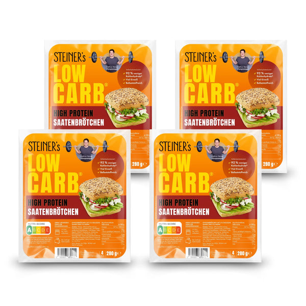 Vier Packungen STEINER´s Low Carb High Protein Saatenbrötchen