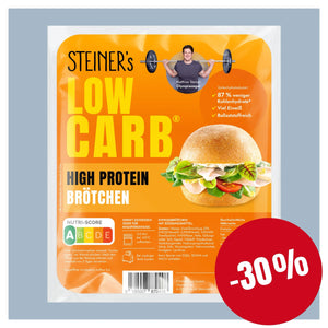 Eine Packung STEINER´s Low Carb High Protein Brötchen mit einem roten "-30%"-Button