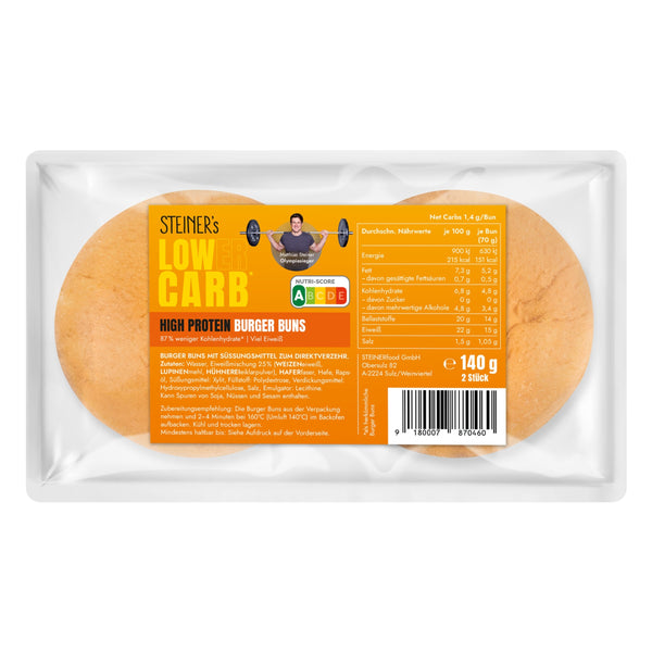 STEINER´s Low Carb High Protein Burger Buns. Zwei Buns in einer Packung.