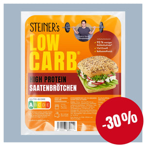 Eine Packung STEINER´s Low Carb High Protein Saatenbrötchen mit einem roten "-30%"-Button