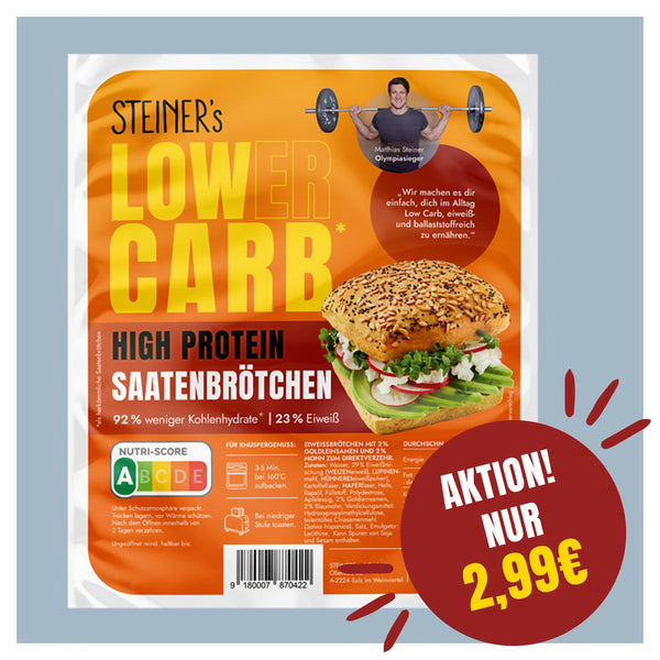 Eine Packung STEINER´s Low Carb Saatenbrötchen mit vier Stück Saatenbrötchen. Auf der Packung ist ein roter Sticker mit der Aufschrift: Aktion! Nur 2,99€"